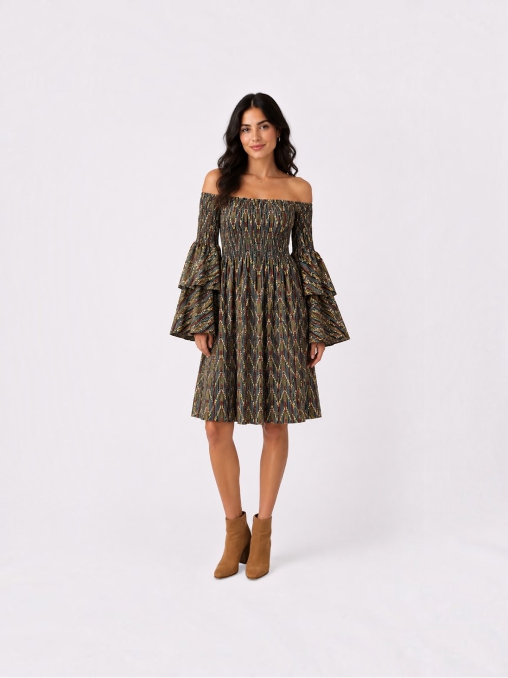 Molly Bracken Boho Smocked Off Shoulder Dress Bell Sleeve Size S